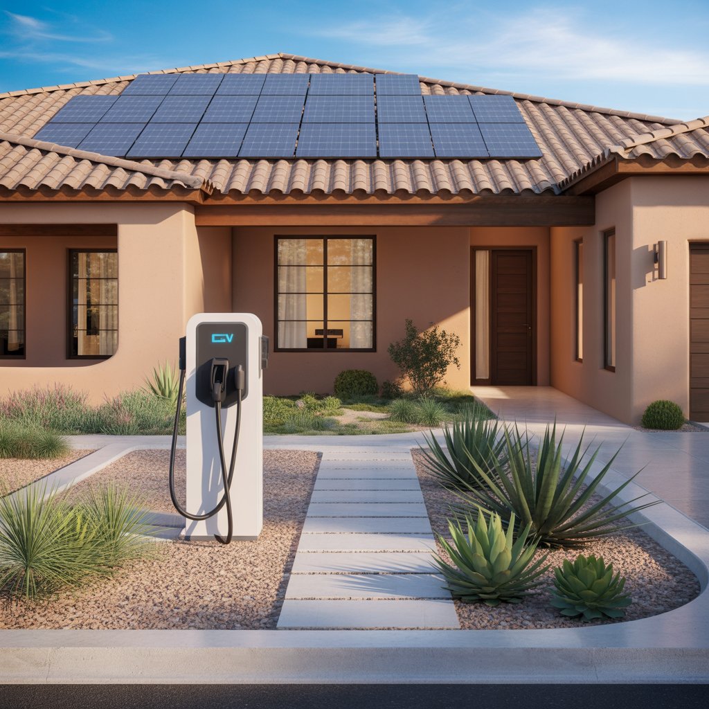 Riverside Green concept home — desert stucco with solar panels, EV charger and native landscaping
