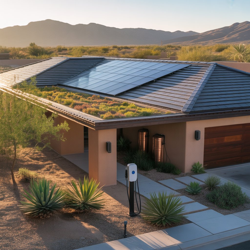 The Desert Ridge — Phoenix Metro concept home with solar roof, living roof greenery, and EV charger