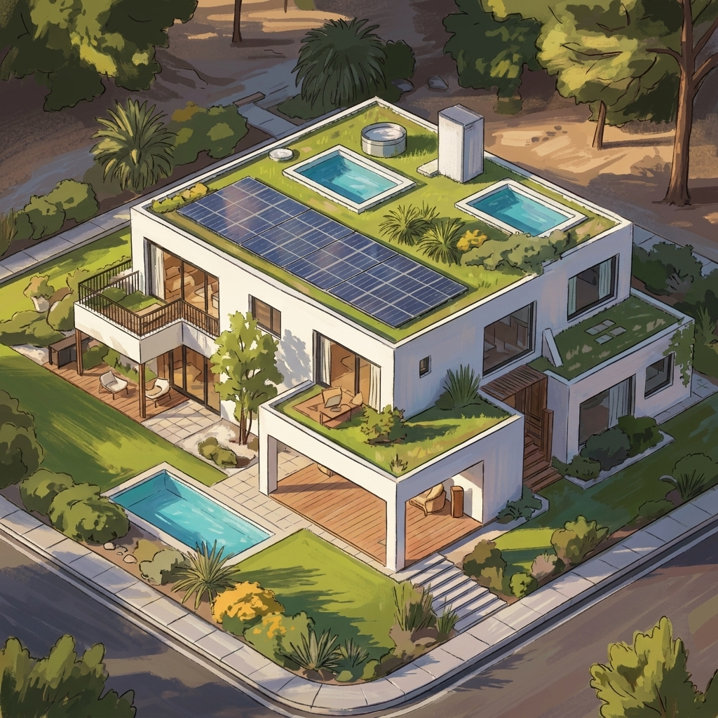 Riverside Green concept home — desert stucco with solar panels, EV charger and native landscaping