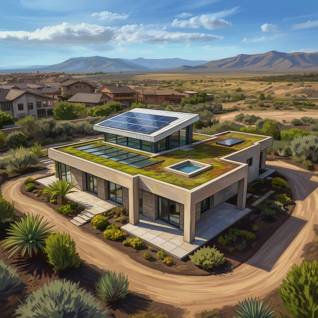 Riverside Green concept home — warm golden hour view with solar panels, desert landscaping and EV charger