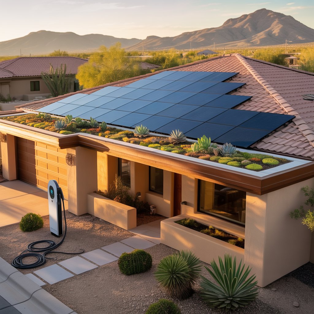 The Sagebrush — Tucson concept home with solar panels, living roof and desert landscaping
