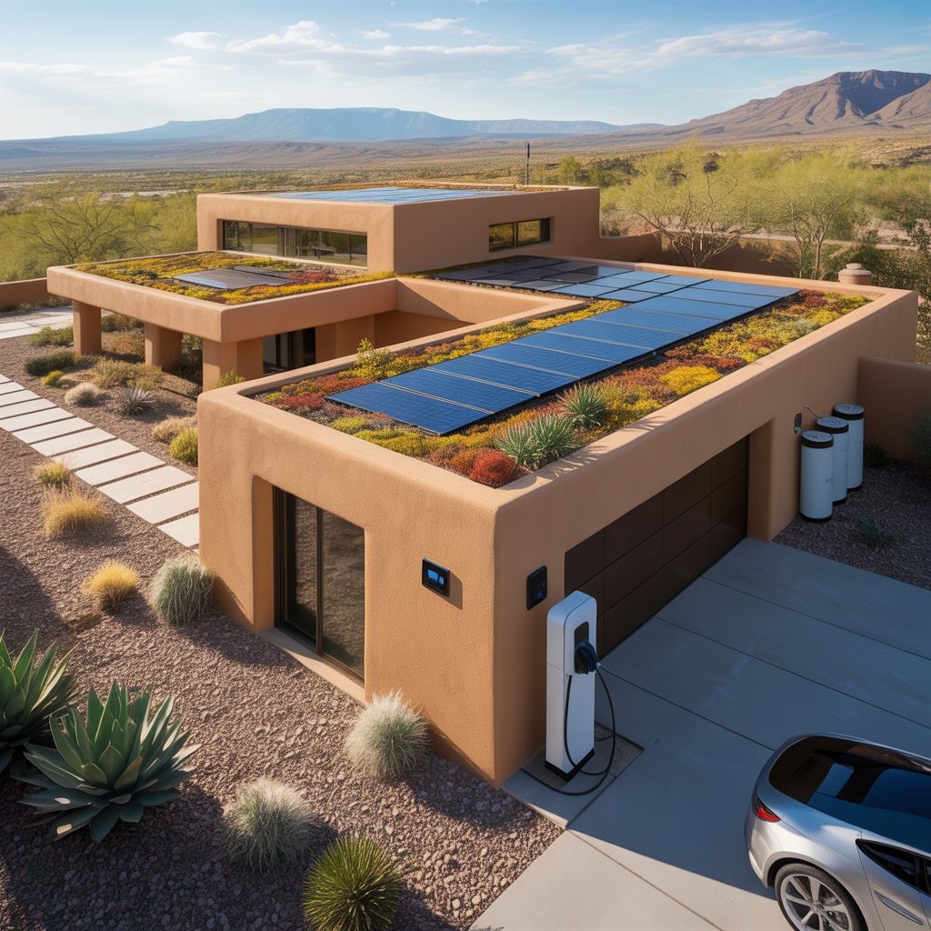 The Mesa Modern — Albuquerque flat-roof concept with rooftop garden and EV charging